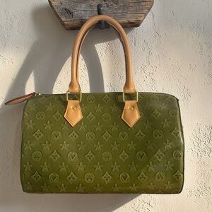 Vintage Olive Green Patent Monogram Satchel Speedy Style Y2K Glossy Handbag